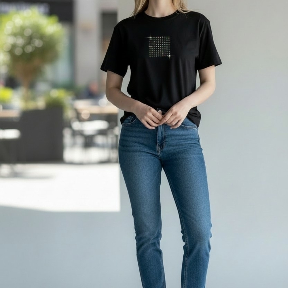 Juicy Couture Vintage Rare Design Black T with Amber Rhinestone Square. SZ Small